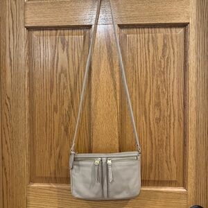 Fossil Erin Pebbled Leather Top Zip Crossbody Bag. Taupe